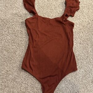 Rust Ruffled Strap Bodysuit with Stretchy Fabric